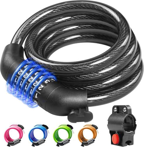 KEYSTP 5-Digit Bike Lock Cable 12mm with Mounting Bracket – Black