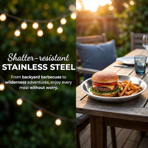 TOPZEA 10 Pack 9 Inch Stainless Steel Dinner Plates – Unbreakable, Stackable Camping & Picnic Dishes