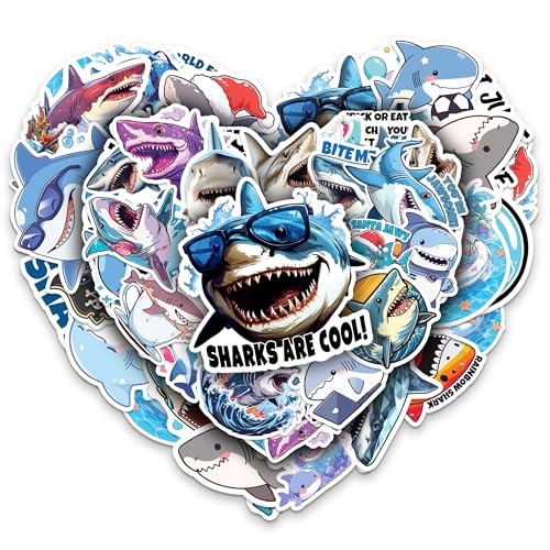 Shark Stickers 50 Pieces Vinyl Waterproof Decal for Laptop Water Bottle Phone Car Window Bike Motorcycle Stakeboard Scrapbook Sharks Sticker Gifts for Kid Teen Adult