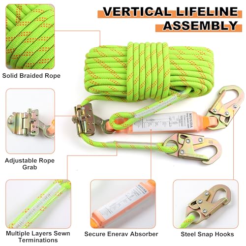 Rope Harness Safety Lanyard 50FT Fall Protection Vertical Roofing Rope with Grab Snap Hooks Shock Absorber Safety Ropes Tree Climbing Line Kit Heavy Duty Roof Safety Equipment