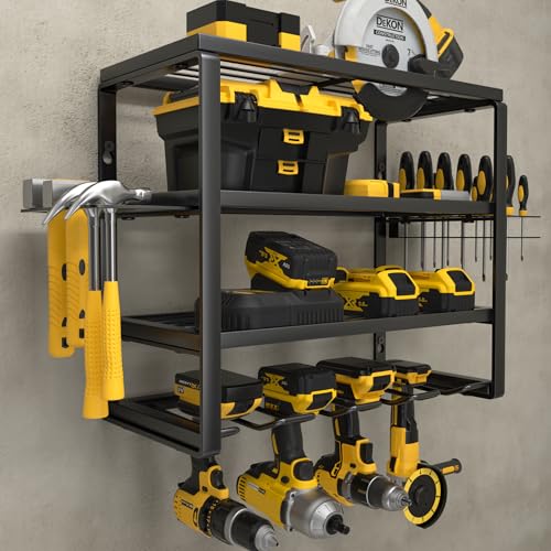 YYR 4 Layer Power Tool Organizer Wall Mount, Cordless Drill Hanger Storage Rack, Battery Tools Holder with Charging Station Shelf for Garage Organization, Workshop, Pegboard, Shed - 16 Inch 4 Slots