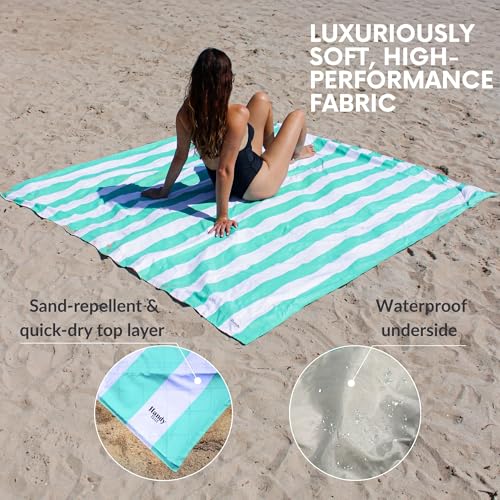 Teal & Stripes Extra Large Beach Picnic Blanket 7x7 ft Sandproof Waterproof Windproof with Umbrella Hole