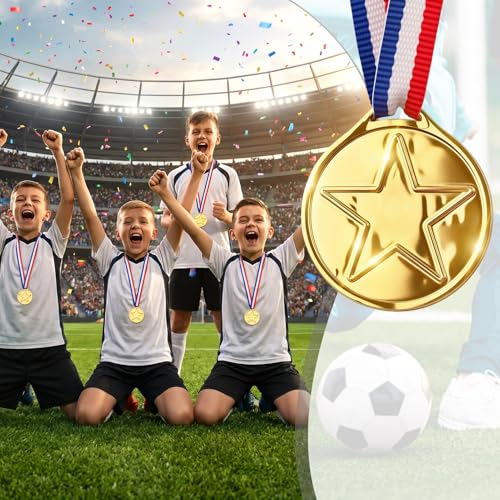 12-Pack Gold Award Medals for Kids with Ribbons - Party Favors