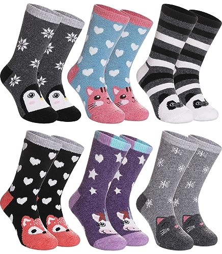 SDBING Kids Merino Wool Hiking Socks 8-12y - Toddler & Kids Warm Thick Thermal Crew Socks (6 Pairs) - Animal Print