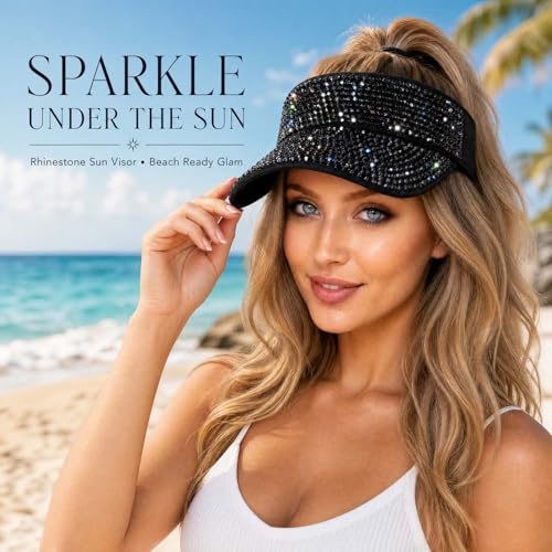 YeeSupe Women's Black Rhinestone Sun Visor Hat - Adjustable Summer Beach Cap