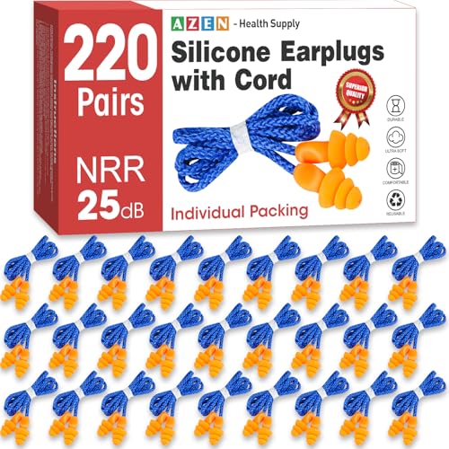 AZEN 220 Pairs Silicone Ear Plugs, Reusable Earplugs for Noise Reduction, 25dB NRR Corded Ear Plug for Sleeping Noise Cancelling, Ear Plug with String Individual Packing
