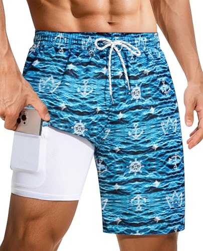 9 Inch Men's Swim Trunks with Compression Liner - Water Ripples