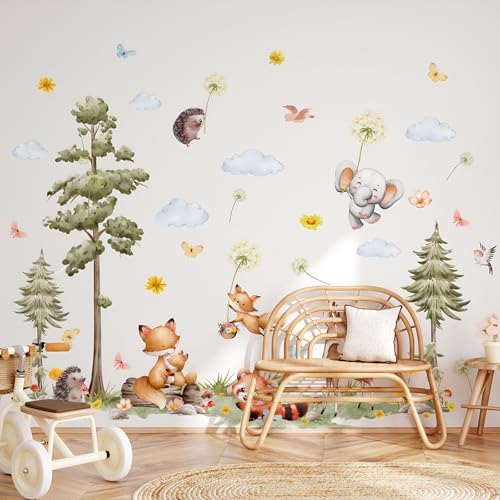 Woodland Animals Large Tree Wall Stickers Bear Fox Elephant Wall Decals Pine Tree Forest Stickers for Baby Nursery Kids Bedroom Living Room Wall Decorations