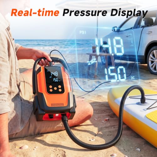 50 PSI Electric Paddle Board Pump - Auto-Off, 12V DC, Orange