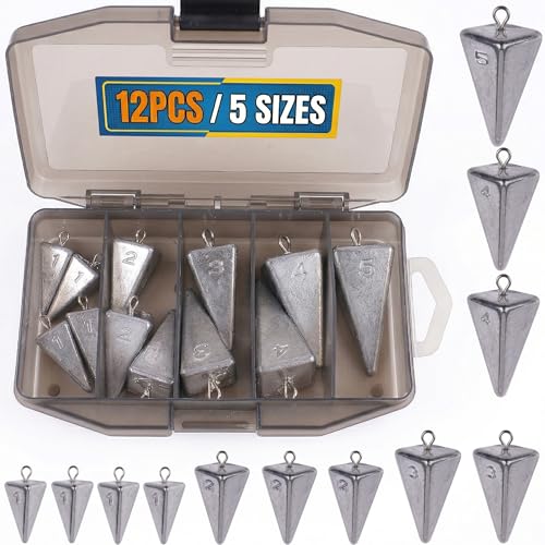 Hfuiqau 12 Pack Pyramid Fishing Sinkers 1oz–5oz; 5 Sizes Surf/Bottom Weights
