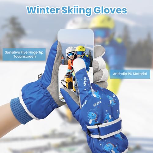 Kids Waterproof Ski Gloves - Touchscreen Snowboard Mittens - Blue