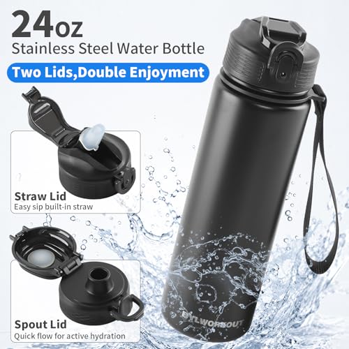 BYLWORKOUT 24oz Insulated Stainless Steel Water Bottle with Straw & Chug Lid