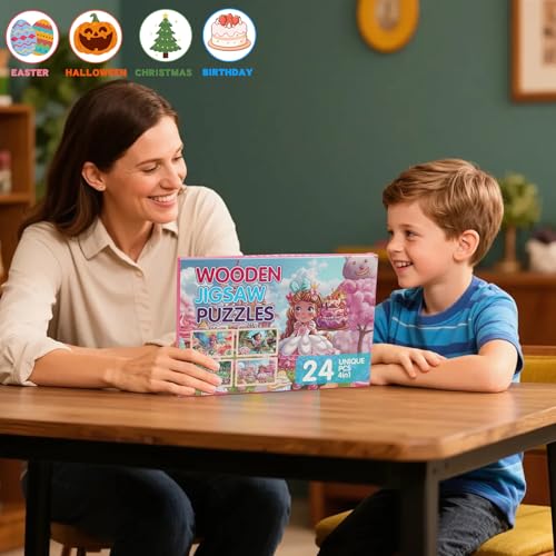 Wooden Puzzles for Kids - 4 Sets, 24 Pieces Each, Pink Princess Theme