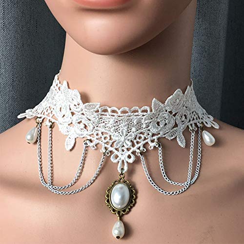 Romantic White Lace Pearl Pendant Necklace with Tassels - Bridal Jewelry