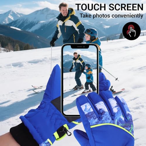 Kids Winter Gloves - Windproof Thick Snowboard Mittens, Blue, 4-7 Years