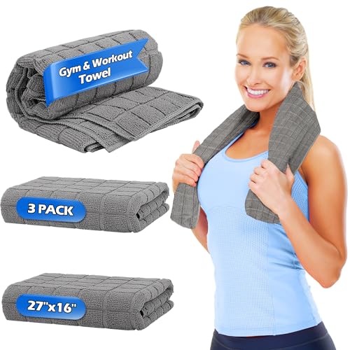 Microfiber Workout Towels - 3 Pack Grey Gym Sweat Towels