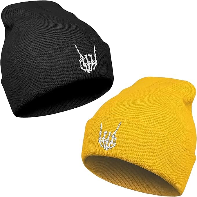 Halloween Skull Beanie Pack of 2 - Black & Yellow Goth Style