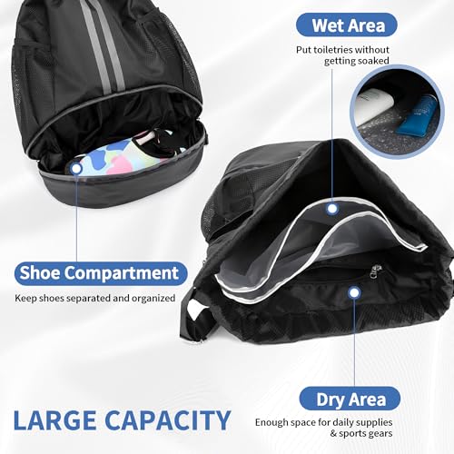 Large Capacity Drawstring Backpack with Shoe Compartment - Water-Resistant Gym Bag