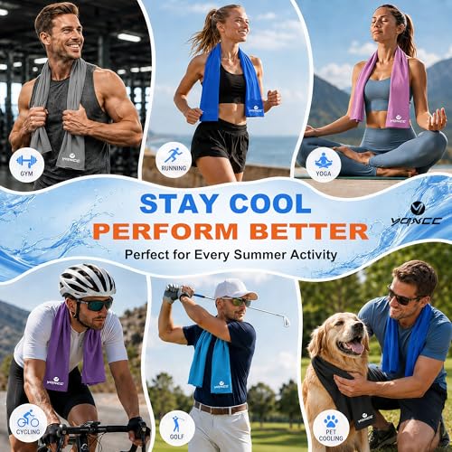 Instant Cooling Towels - 4 Pack Soft Microfiber Neck Wraps - Dark Blue/Dark Gray/Rose Red/Green