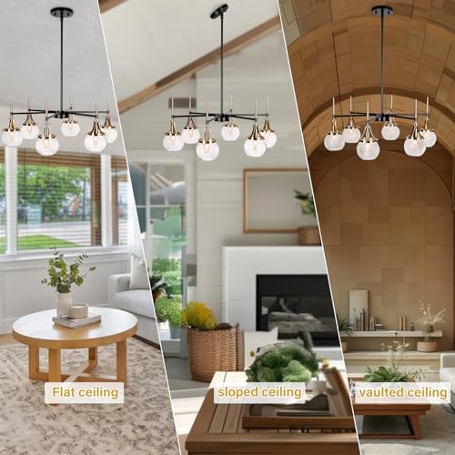 Obihivlo 6-Light Black Gold Bubble Chandelier Brass Antique Glass Globes, Mid Century Modern Pendant Lighting Fixture for Dining Room, Kitchen, Living Room, Bedroom, D27.6 x H71.5 Adjustable Height