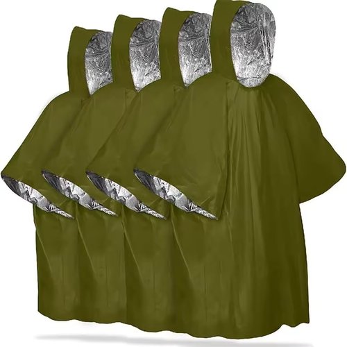 MIRouer Emergency Poncho with Mylar Blanket Liner for Survival Gear, Waterproof, Wind-Resistant Green Rain Poncho for Outdoors, Camping, and Car Emergency Kits - Thermal Poncho - 4 Pack (Green)