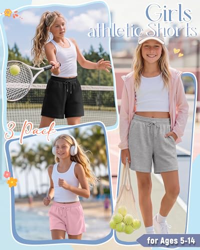 Girls Athletic Shorts - 3 Pack with Pockets, Drawstring, 13-14 Years - Black, Pink, Light Heather Gray
