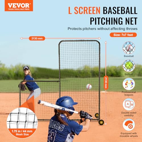 Baseball & Softball Batting Screen - 7x7 ft L-Shape with Wheels