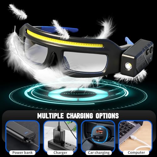Gloxlite Rechargeable LED Safety Glasses with Light – 5 Modes, Waterproof Headlamp for Running, Cycling, Camping, Night Work
