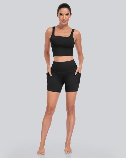 CHRLEISURE Women's Biker Shorts - 5-Inch High Waisted Tummy Control with Pockets | 6-Pack Spandex Yoga Set