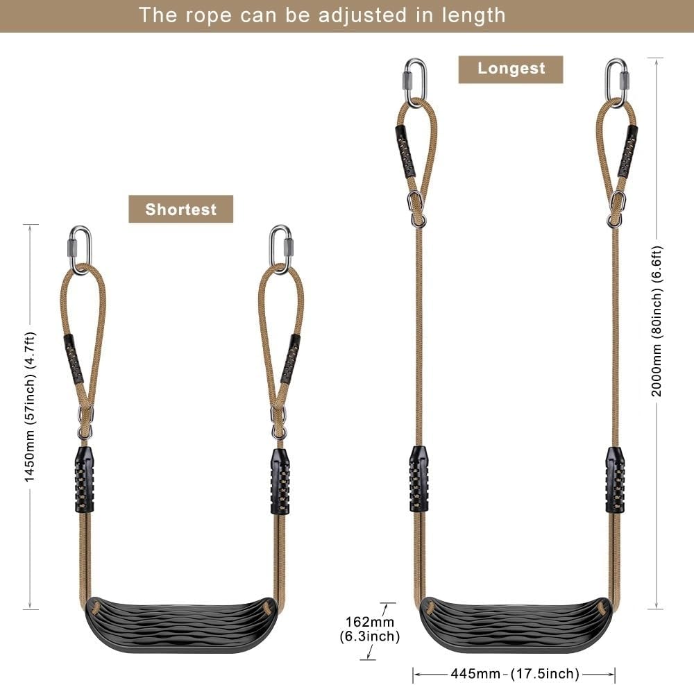 SELEWARE Plastic Swing Seat - Non-Slip Tree Swing with Adjustable Rope & Carabiners | Heavy-Duty Black Outdoor Accessory
