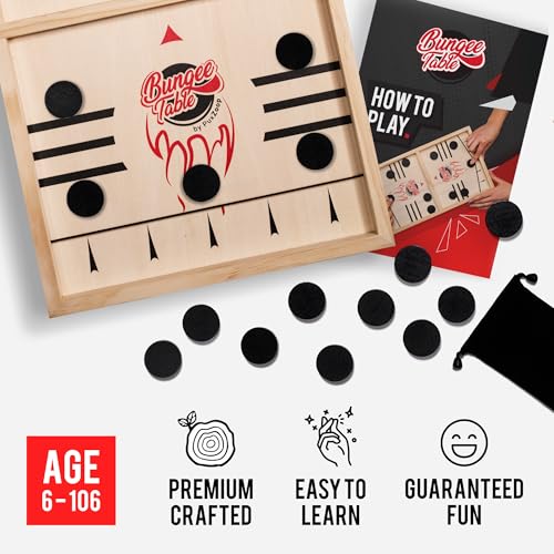 PuxZoop Extra Large Bungee Table Puck Sling Game - 2-Player Wood Deck Tabletop