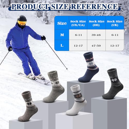 Merino Wool Hiking Socks - Thermal Warm Crew, 5 Pairs - Multicolor