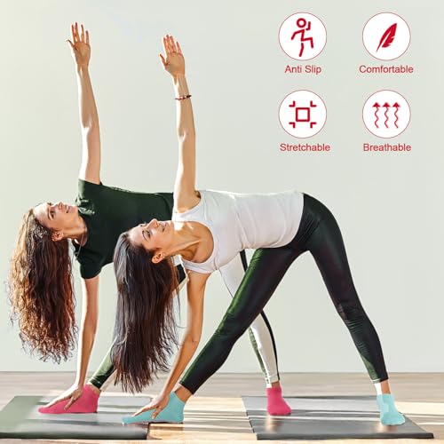 Non-Slip Yoga & Pilates Socks for Women - 4 Pairs, Blue & Red/Orange