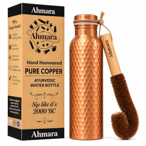 Pure Copper Water Bottle, 34 Oz (1 Litre), Travel Friendly, Hammered