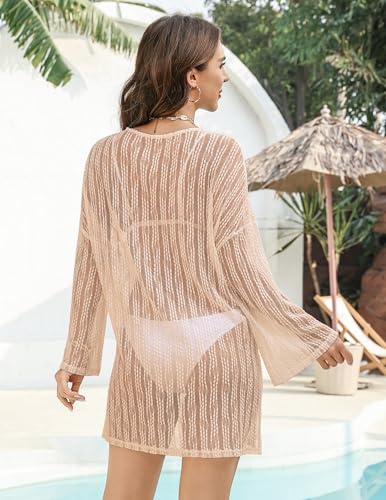 Sheer Lace Swimsuit Coverup for Women - Long Sleeve Beach Dress - Khaki, Small