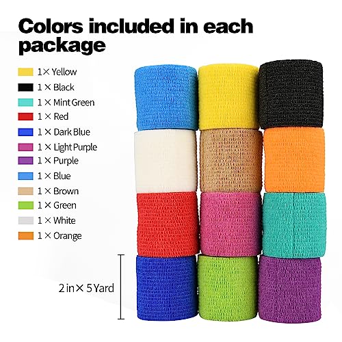 12 Pack Self Adhesive Bandage Wraps - 2 Inch, 5 Yards, Multicolor