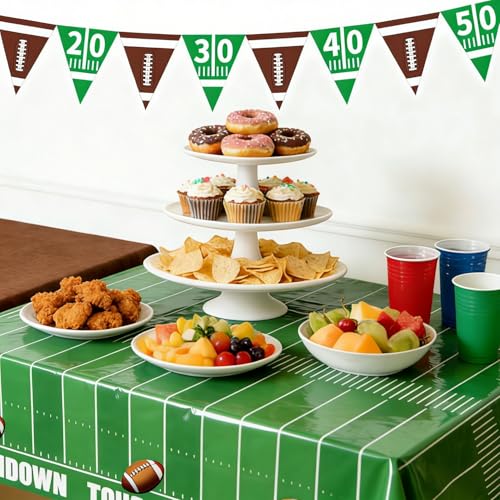Football Party Tablecloth and Banner Set - 54 x 108 Inch - Green & Brown