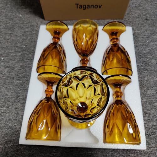 Taganov Amber Wine Glass Set of 6 - Vintage 10 oz Goblets for Wedding & Party