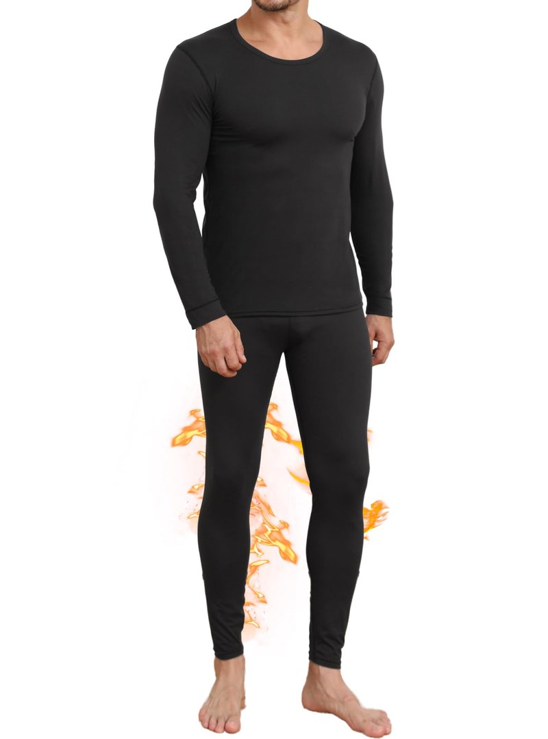 TRENDOUX Winter Thermal Clothes Set with Fleece Lined, Lightweight Wool Long Johns Thermal Shirt for Men Indoors, Skiing Base Layers Pants Mens - Black XL
