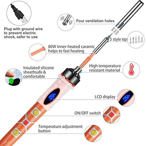 Soldering Iron Kit,80W LCD Digital Soldering Iron, Soldering Gun with Adjustable Temperature,Fast Heating and Ceramic Thermostatic Design,10 in 1 Welding Tools with Flux, Tips, Solder Wire, Stand