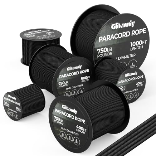 Heavy Duty Paracord Rope 750lb 4mm 12-Strand - Black, 100FT
