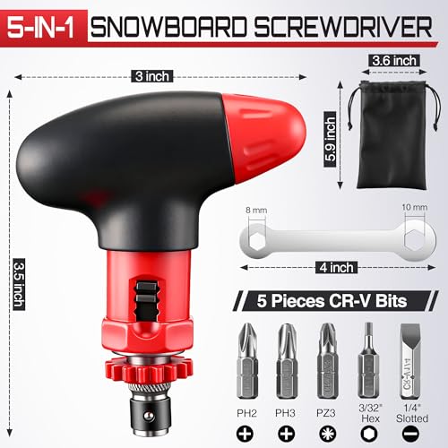 Multi bit Ratchet Snowboard Screwdriver for Adjusting Bindings, Snowboard Multitool, Compact and Pocket Friendly