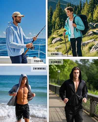 Roadbox Men's UPF 50+ Sun Hoodie Jacket - Light Blue, Medium, Zip Up UV Protection Shirt