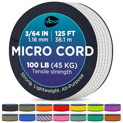 TECEUM White Micro Paracord Rope 1.18mm x 125ft Lightweight Braided Cord