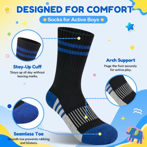 Saracat Boys 100% Cotton Cushioned Crew Socks Large-X-Large, 6 Pairs Multicolor — Athletic Crew Socks