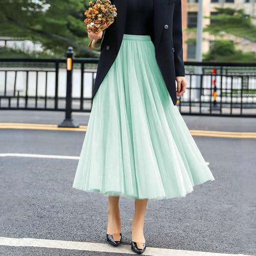 High Waist Pleated Maxi Skirt - Mint Green, A-Line Chiffon