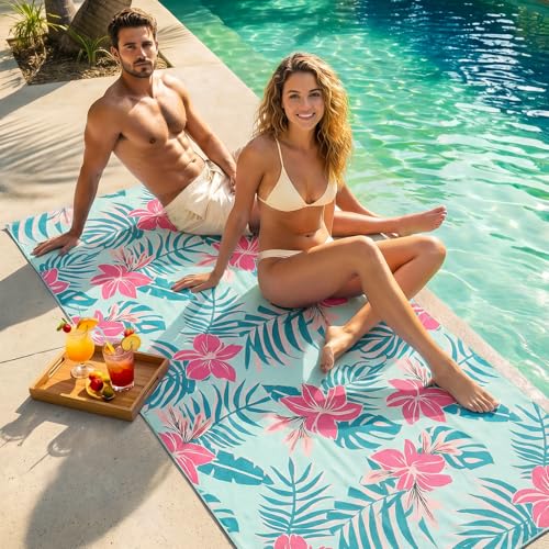 Oversized Beach Towel - 35x72" Quick-Dry Light Teal Pink Floral