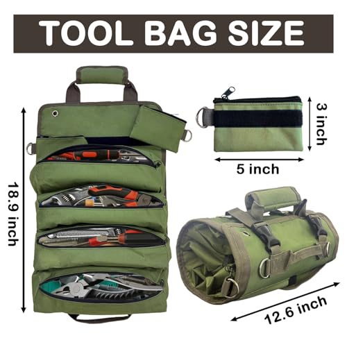 Roll Up Tool Bag Organizer, 11 Pockets Heavy Duty Storage Tool Bag Pouch Organization Portable Foldable Detachable Gifts for Men, Mechanic, Electrician, Craftsman, with 2 Small Pouches, Green (Green)