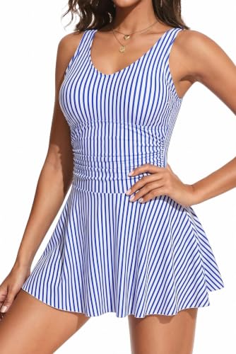 Tummy Control One Piece Swimdress Womens Ruched Vintage Swimsuit Skirt