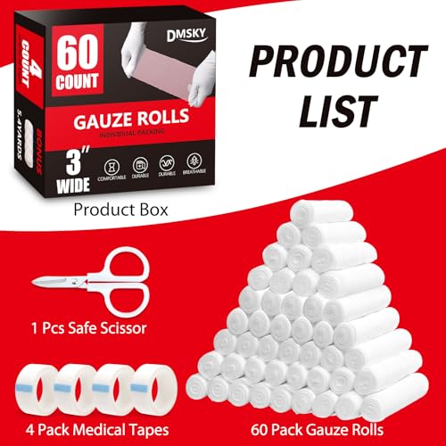 DMSKY 3 Inch x 4.1 Yards Gauze Rolls 60 Pack - Breathable Wound Bandage Wrap, Individually Wrapped Medical Gauze for First Aid, Vet & Mummy Wraps